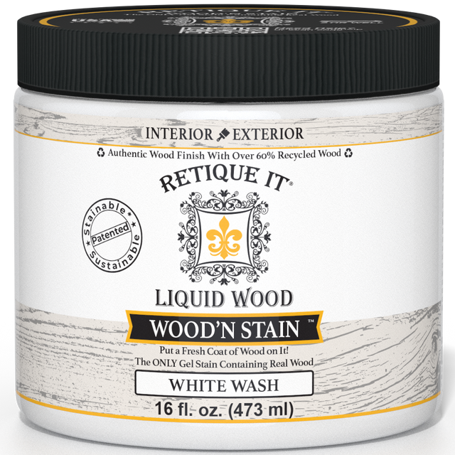 Retique It Liquid Wood Wood'n Stain in 16 oz White Wash, showing the stain applied to wood surface with a smooth finish.