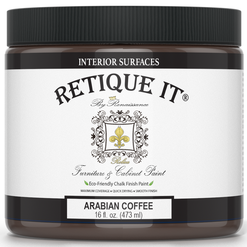 Retique It furniture and cabinet paint in Arabian Coffee quart, showing a smooth, finished wood surface with rich coffee color.
