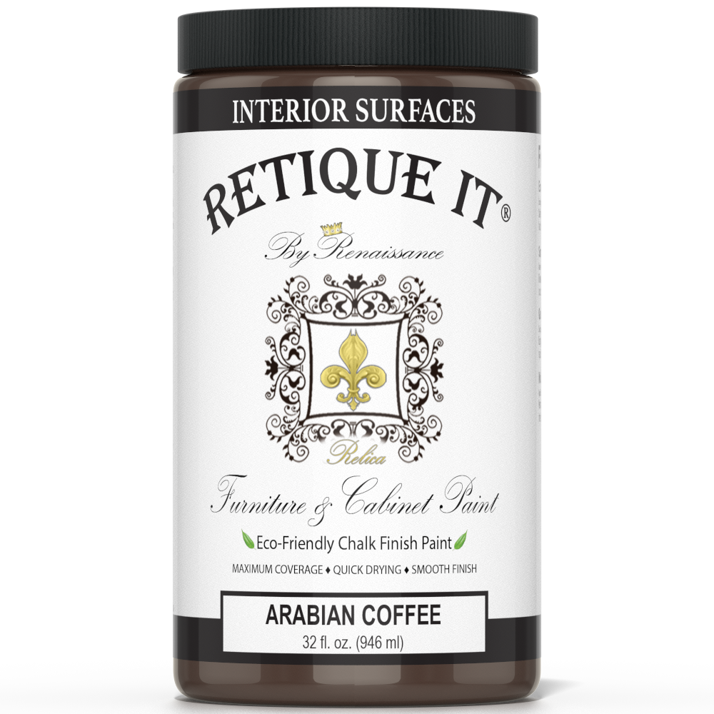 Retique It furniture and cabinet paint in Arabian Coffee quart, showing a smooth, painted wooden furniture piece with a rich coffee color.