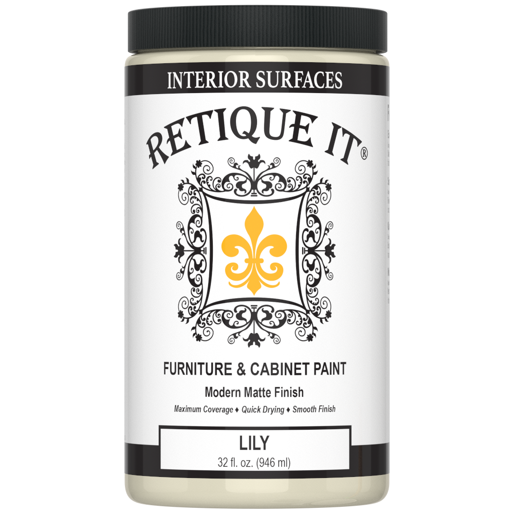 Retique It Furniture and Cabinet Paint Quart in Lily, showcasing smooth, creamy paint suitable for furniture and cabinets.