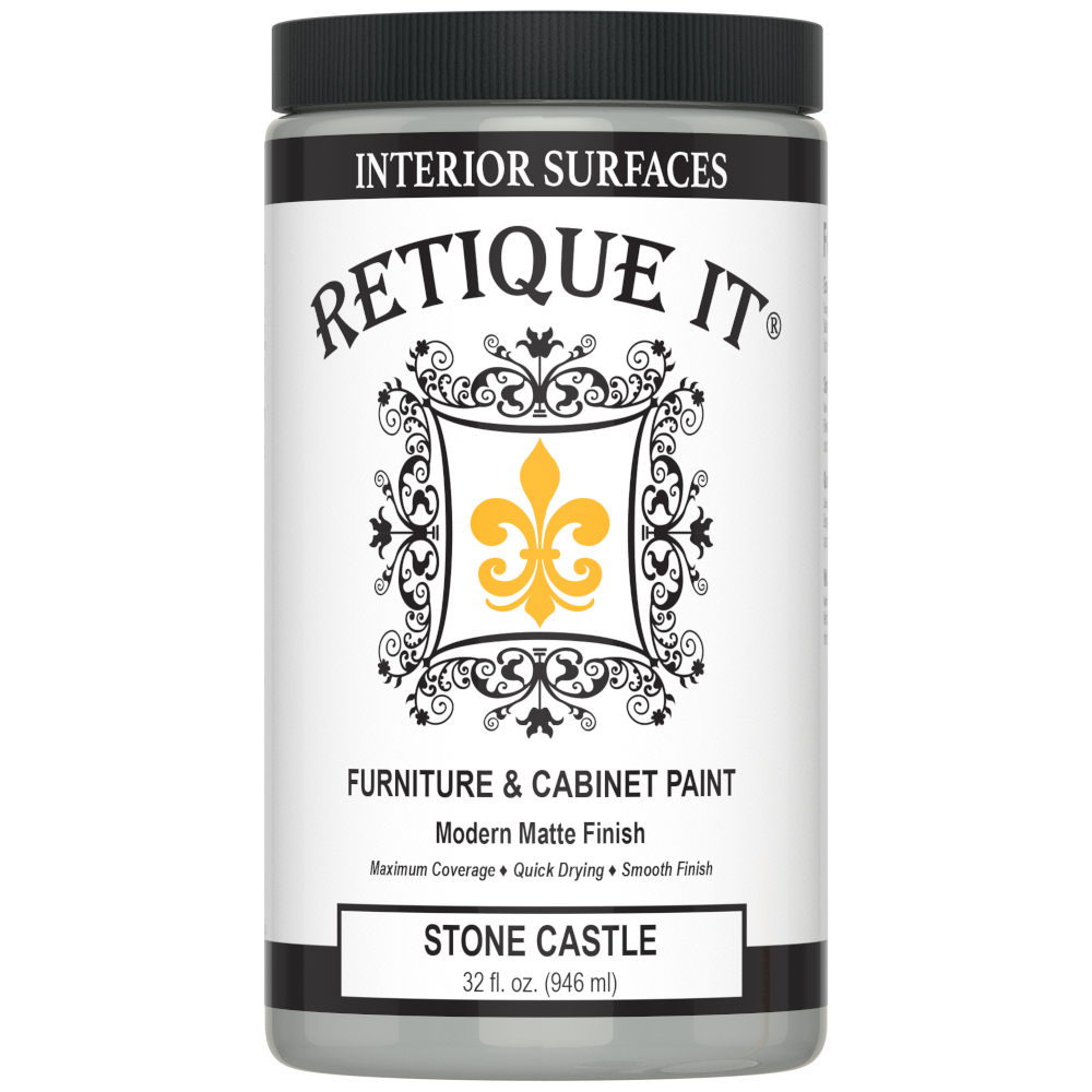 Retique It furniture and cabinet paint in stone castle quart, showing the smooth, neutral-colored paint container for furniture projects.