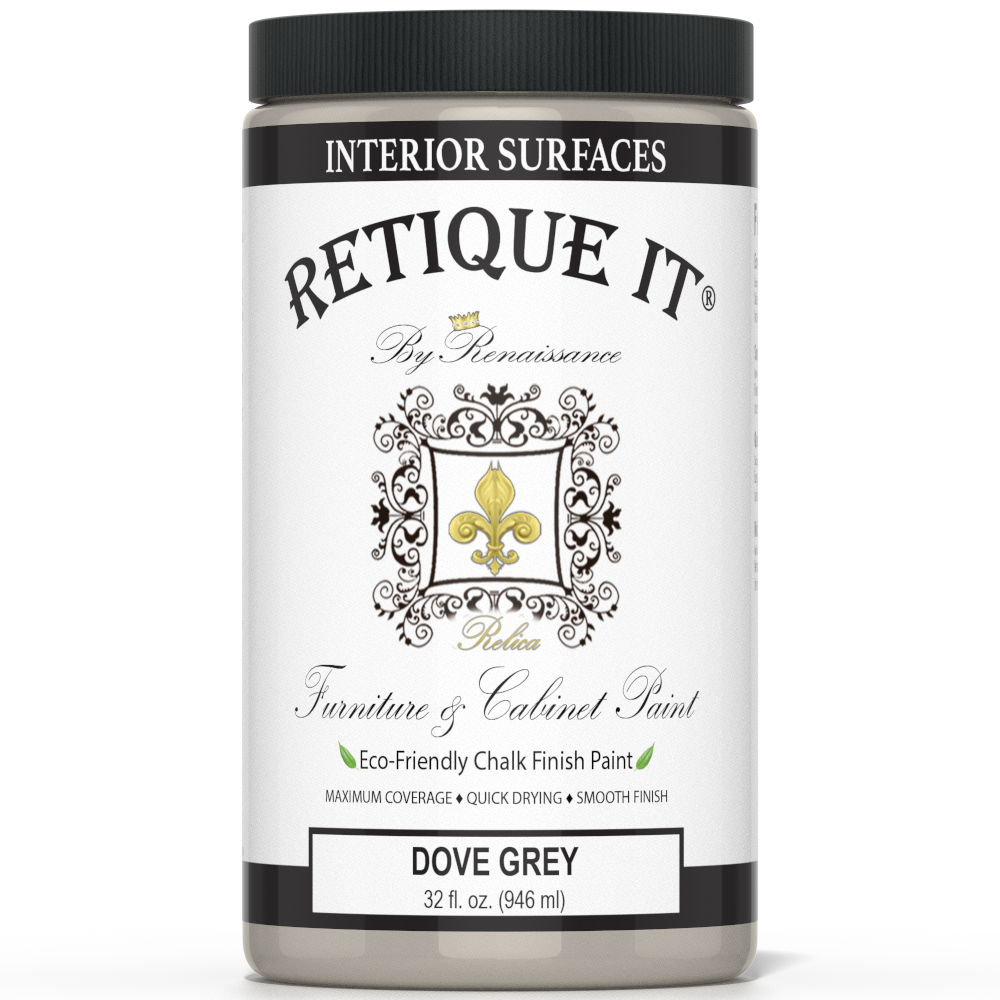 Retique It furniture and cabinet paint in Dove Grey quart, showing smooth brush strokes on a furniture surface.