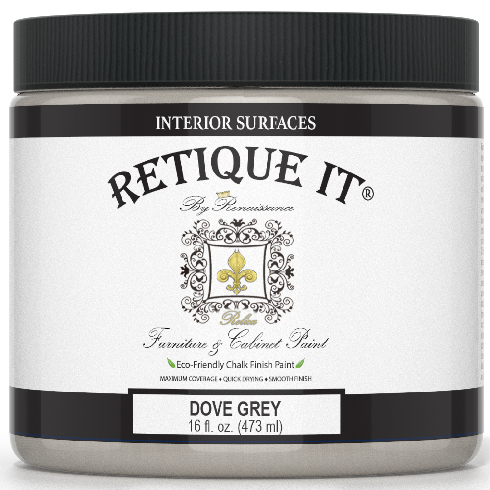 Retique It Dove Grey furniture and cabinet paint in a quart container, showcasing smooth, ready-to-apply interior paint.