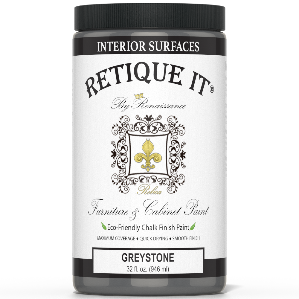 Retique It furniture and cabinet paint quart in Greystone, showing a can of paint with a paintbrush and painted furniture sample.