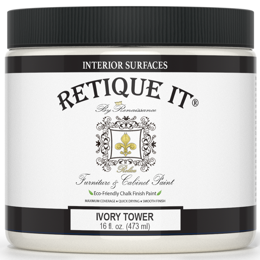 Retique It® Renaissance Furniture Paint Ivory Tower Poly Kit showing paint bottles and application tools for furniture renovation.