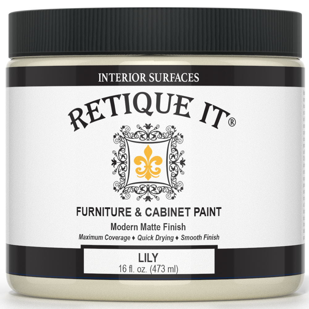 Retique It furniture and cabinet paint quart in Lily color, showing a close-up of smooth painted wood surface and finish.