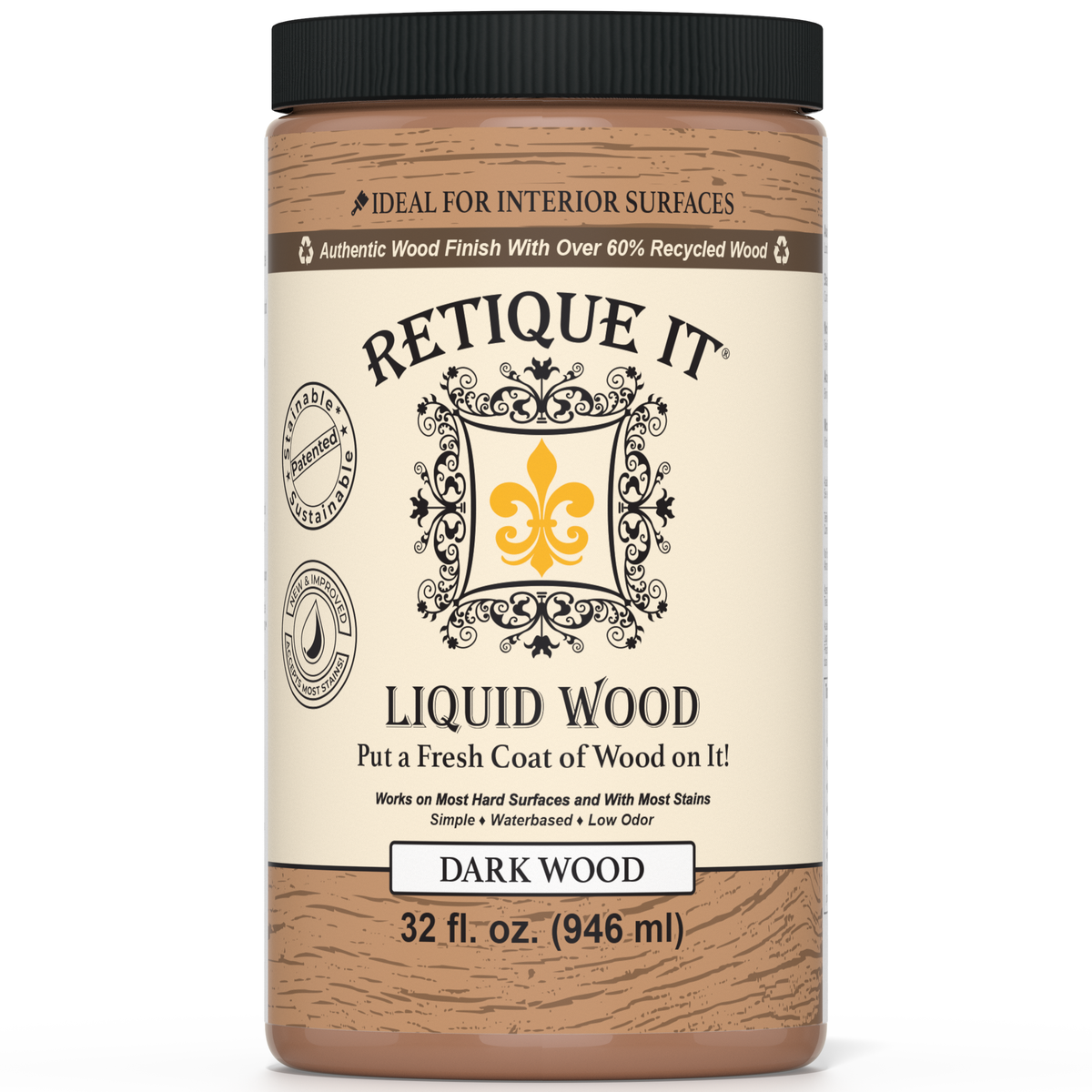 Retique It® Liquid Wood 32oz Dark interior paint in a jar, showcasing the dark wood-colored liquid for interior wood finishing.