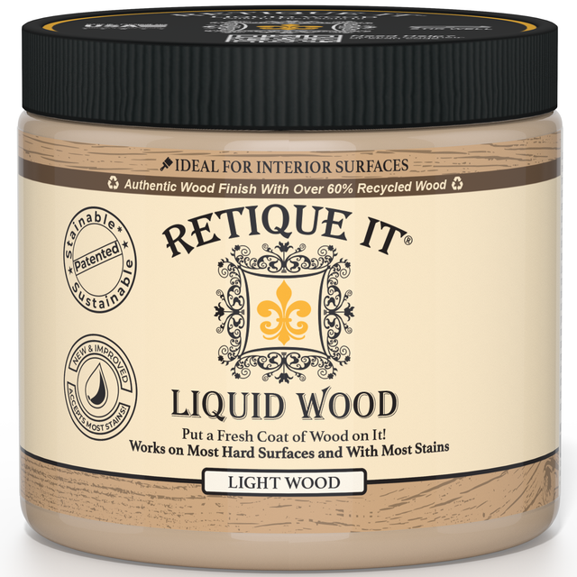 Retique It Liquid Wood interior paint in 16oz Light finish, showing smooth application on a wooden surface.