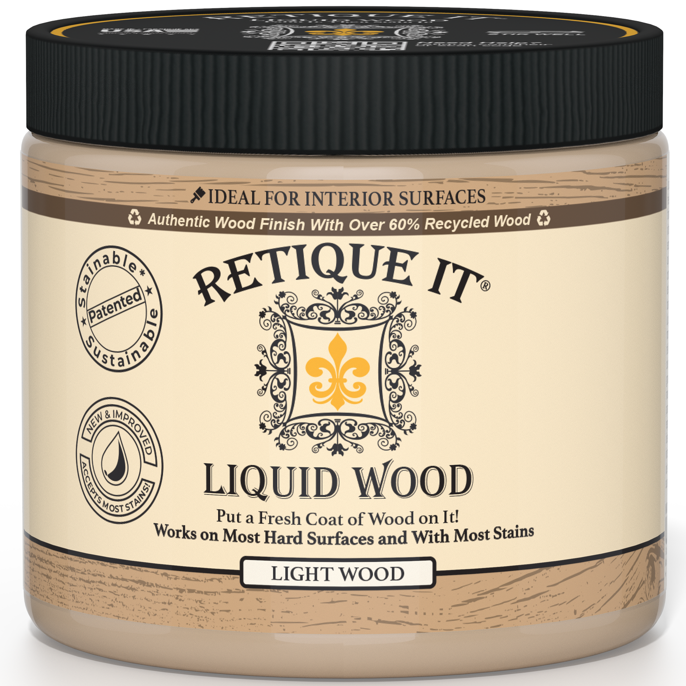 Retique It® Liquid Wood 16oz Light interior paint in a clear container, showcasing the wood-like finish for interior decor.