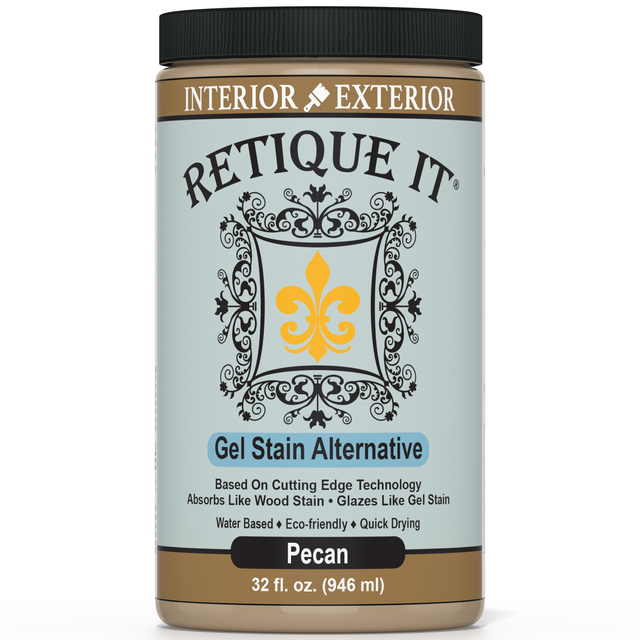 Retique It 32 oz Pecan Gel Stain Alternative showing a jar of wood stain with a Pecan color label and wood surface background.