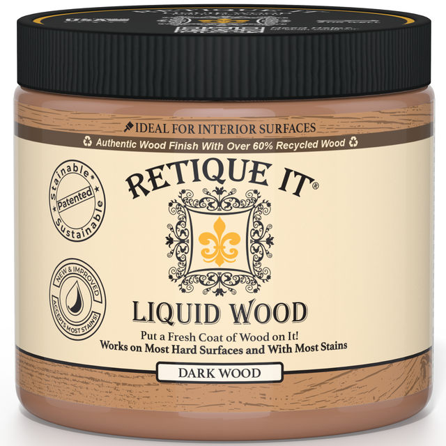 Dark Liquid Wood interior paint by Retique It, showcasing a smooth, dark wood finish on a wall surface.