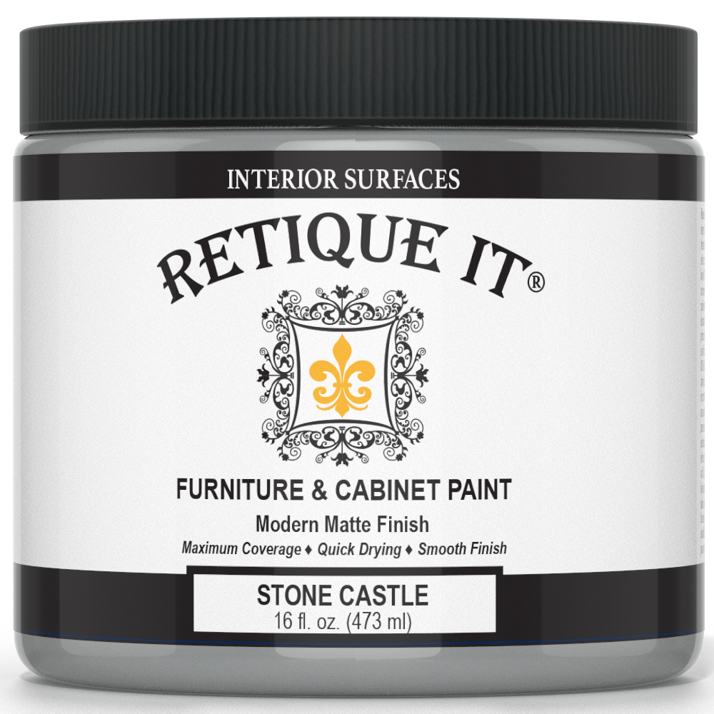 Retique It furniture and cabinet paint in quart, Stone Castle color, showing the paint container with a smooth finish.