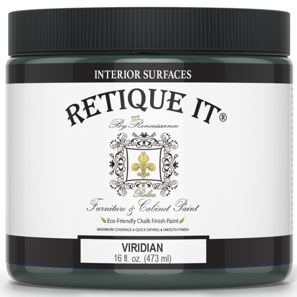 Retique It furniture and cabinet paint in quart size, Viridian color, shown in a close-up of the vibrant green paint.