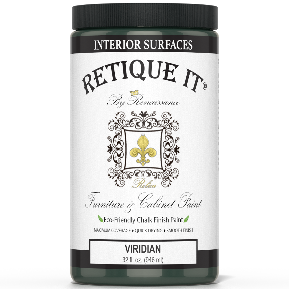 Retique It Viridian furniture and cabinet paint in a quart container, ready for interior furniture refinishing and cabinet projects.