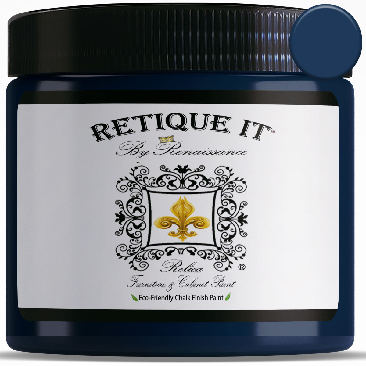 Retique It black indigo furniture and cabinet paint in a quart container, showing a smooth, painted surface swatch.
