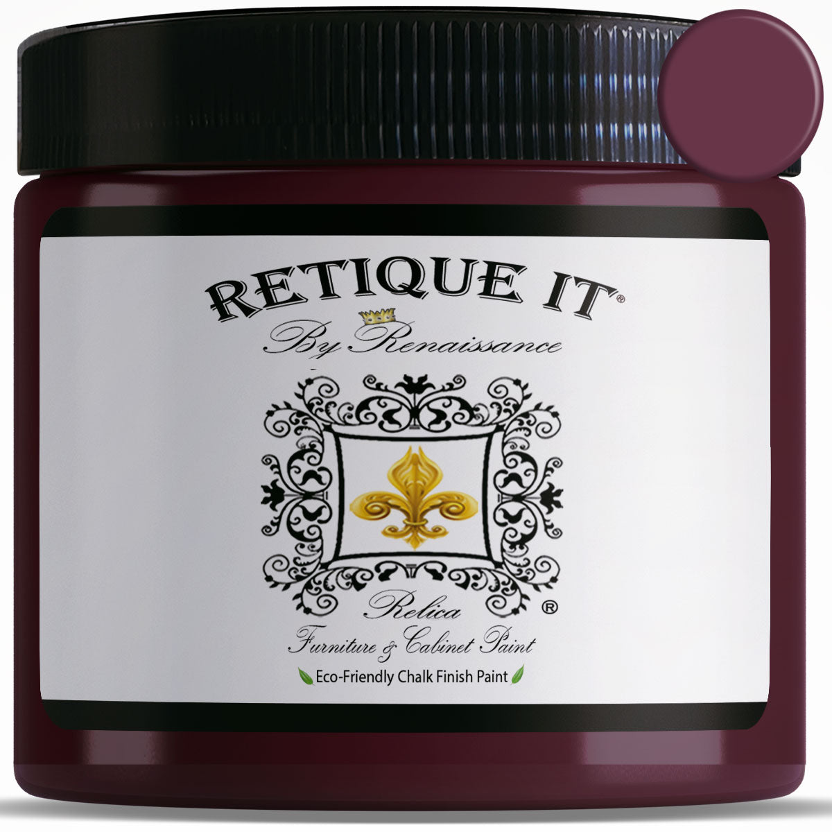 Retique It furniture and cabinet paint in quart size, plum color, shown as a color swatch on a sample surface.