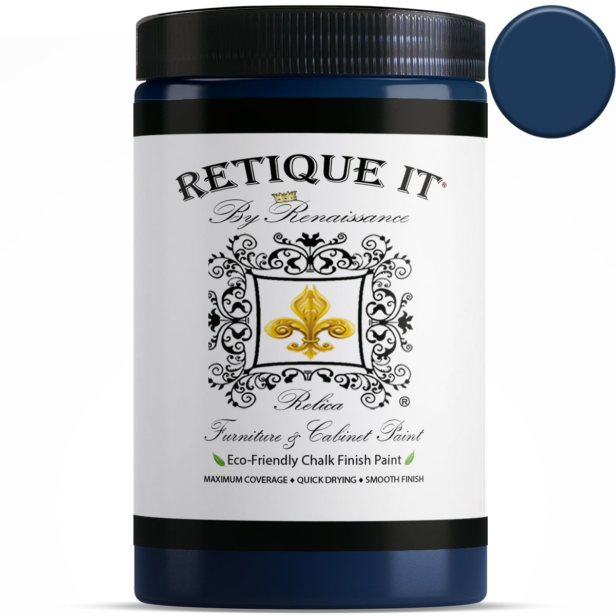 Black Indigo furniture and cabinet paint by Retique It in a quart size, shown as a smooth painted surface swatch.