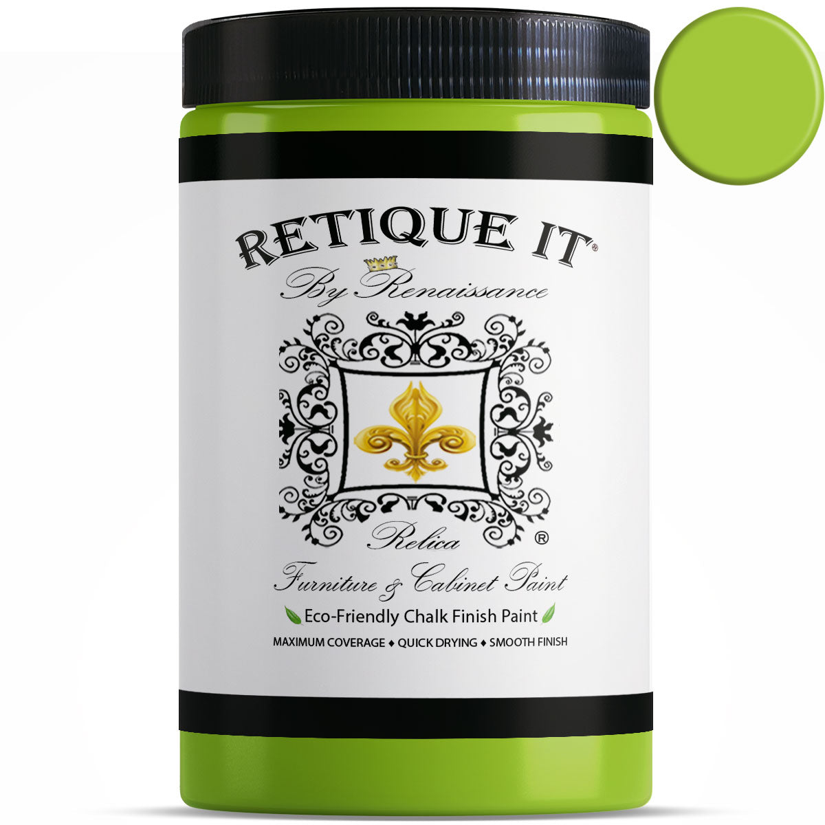 Retique It Mystic Moss furniture and cabinet paint in a quart, shown as a color swatch on a sample surface.