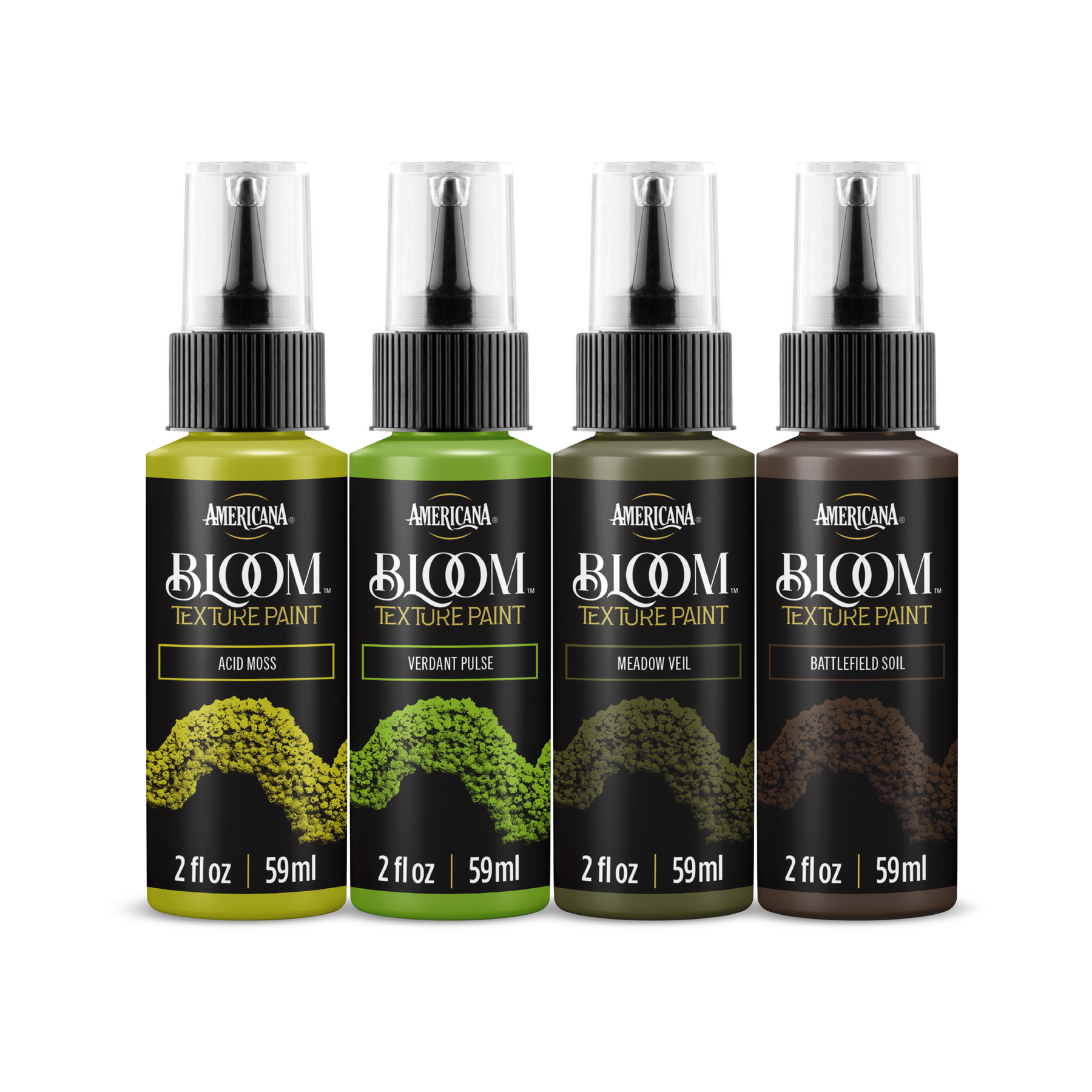 DecoArt Moss and Ruin Bloom Texture Paint 4-pack with textured, mossy and aged floral finish on canvas or craft surface.