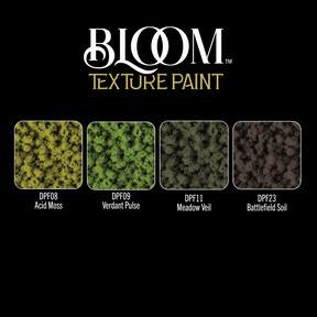 DecoArt Moss and Ruin Bloom Texture Paint 4 Pack showing textured paint containers and sample swatches on a surface.