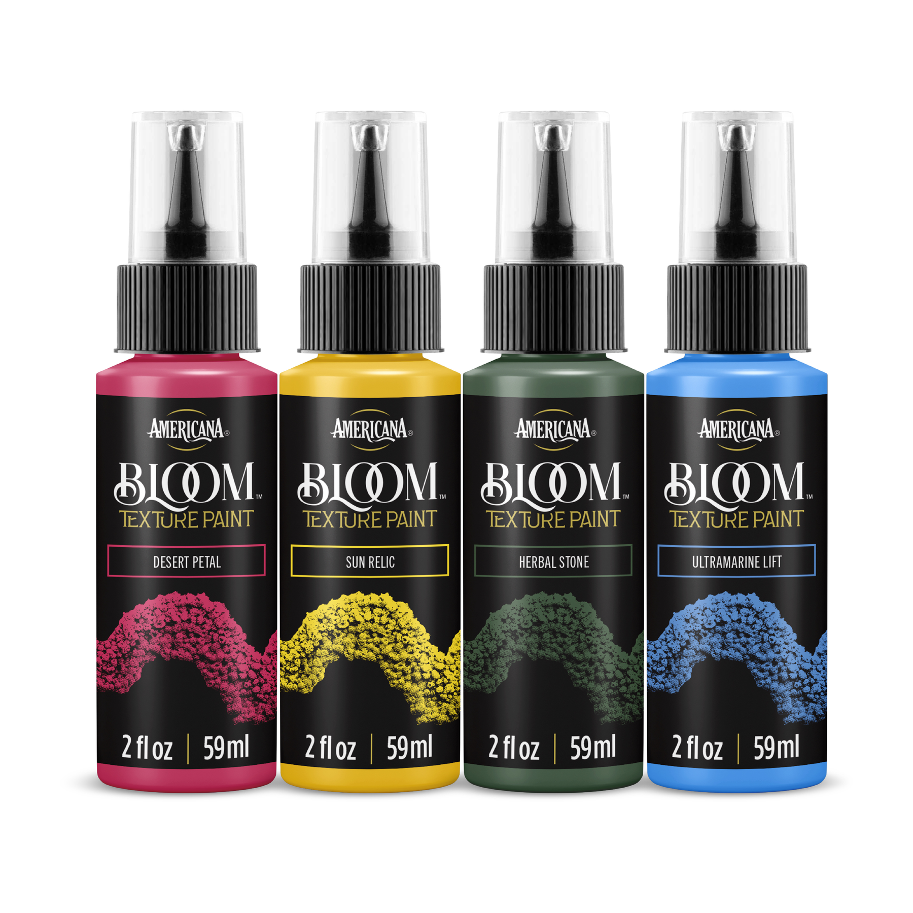 DecoArt Luminous Spectrum Bloom Texture Paint 4-pack featuring vibrant, glowing paint textures and colorful floral-inspired designs.