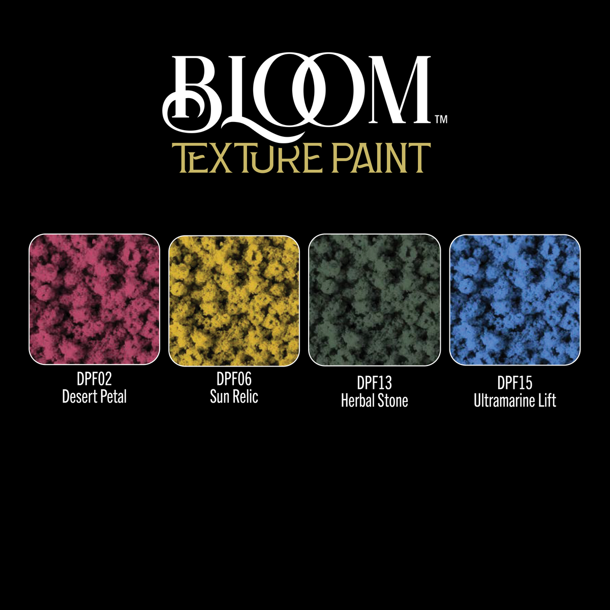 DecoArt Luminous Spectrum Bloom texture paint 4-pack with vibrant, shimmering colors and floral-inspired textured finishes.