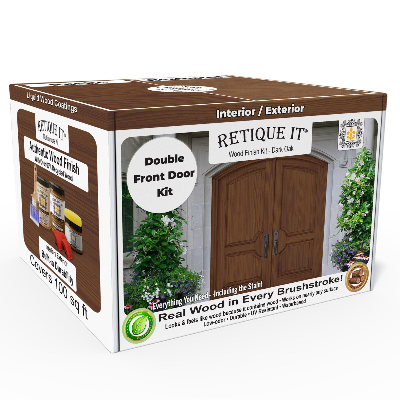 Retique It® Wood'n Finish front door kit in dark oak stain, double door with detailed wood grain and finish appearance.