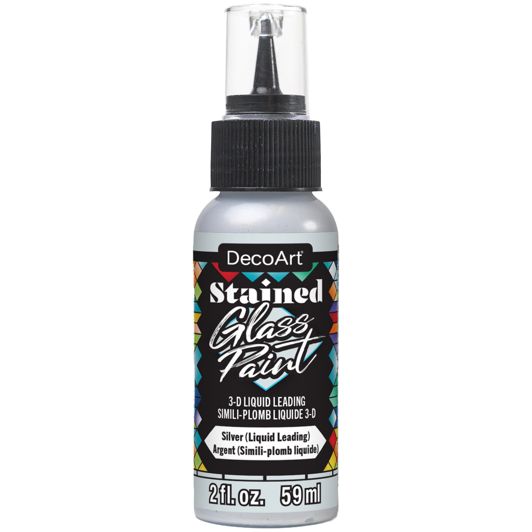 DecoArt stained glass paint 3-D liquid leadings in a clear tube with applicator tip, used for decorative glass art projects.