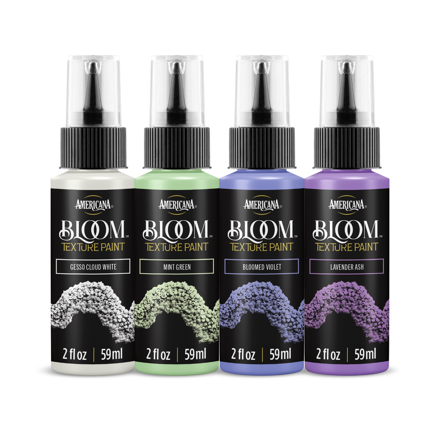 DecoArt Dreamy Pastels Bloom Texture Paint 4 Pack featuring pastel-colored textured paint tubes for artistic projects.