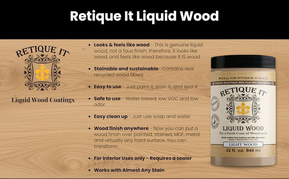 Retique It® Liquid Wood interior paint in 16oz bleached finish, showing a smooth, wood-like application for home decor projects.
