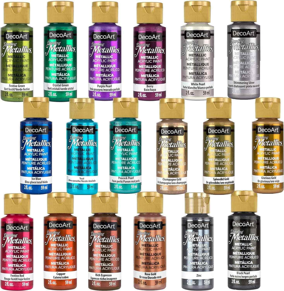 DecoArt Dazzling Metallics Fan Fav Paint Set with 18 vibrant metallic paint bottles on a white background.