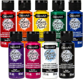 DecoArt glass paint set with 9 opaque acrylic colors in 2 fl oz bottles, ideal for decorating glass and ceramic surfaces.