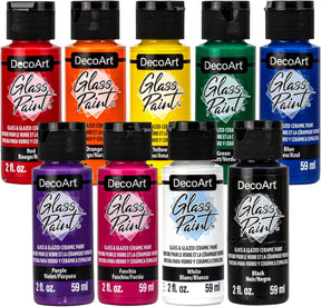 DecoArt glass paint set with 9 opaque acrylic colors in 2 fl oz bottles, ideal for decorating glass and ceramic surfaces.