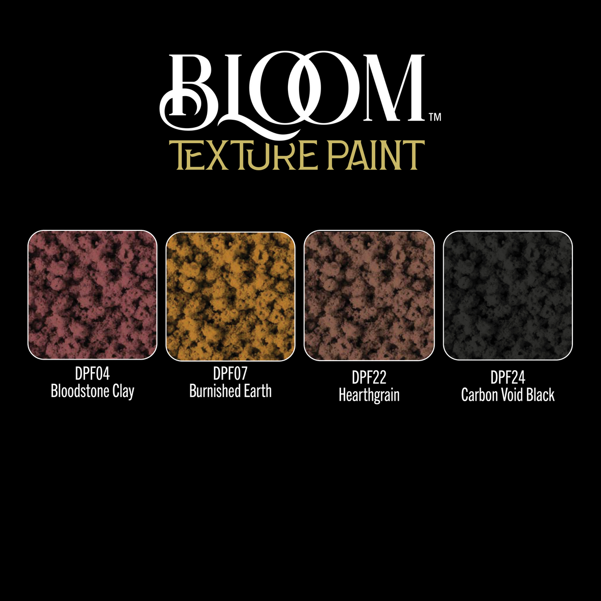 DecoArt Hearth and Earth Bloom Texture Paint 4-pack showing textured pastel-colored paint containers and artistic swirl patterns