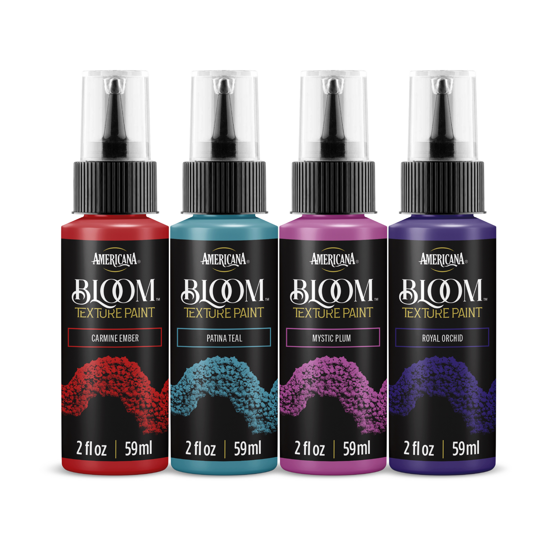 DecoArt Bold Expression Bloom Texture Paint 4-pack featuring vibrant, textured acrylic paints for creative art projects.