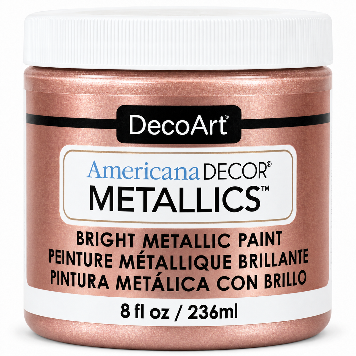 DecoArt Americana Decor Metallics Rose Gold paint bottle and swatch display