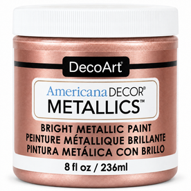 DecoArt Americana Decor Metallics Rose Gold paint bottle and swatch display