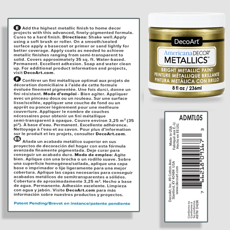 DecoArt Americana Decor Metallics Vintage Brass information sheet with product details