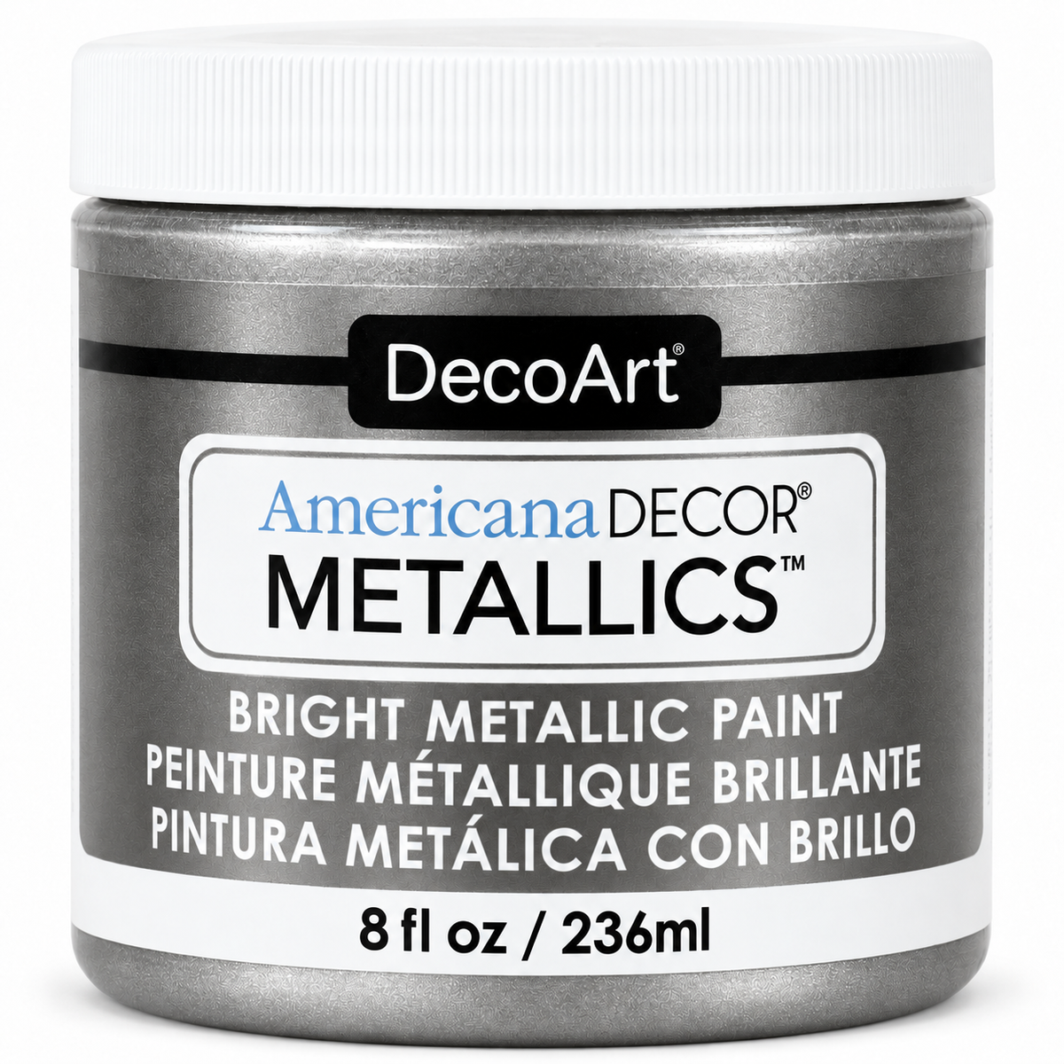 Americana Decor Metallics Tin by DecoArt, metallic paint color shown in a product container