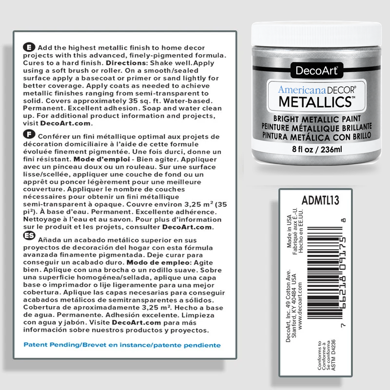Americana Decor Metallics Silver by DecoArt information sheet with product details and usage instructions