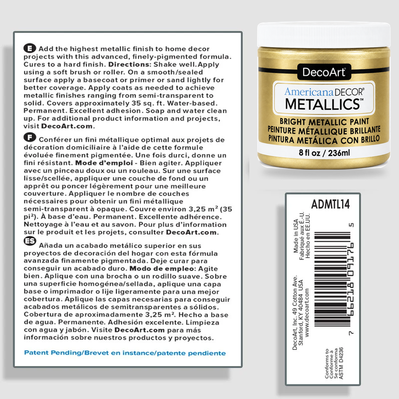 DecoArt Americana Decor Metallics Soft Gold information sheet with product details and application instructions