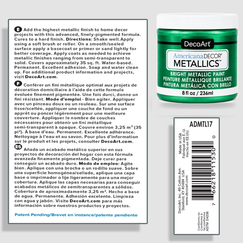 Emerald Americana Decor Metallics product information and application instructions