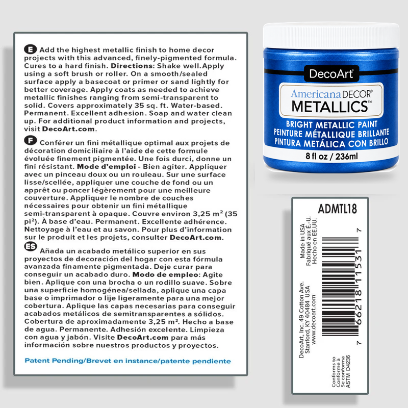 DecoArt Americana Decor Metallics Sapphire paint information sheet, ADMTL18-Sapphire details