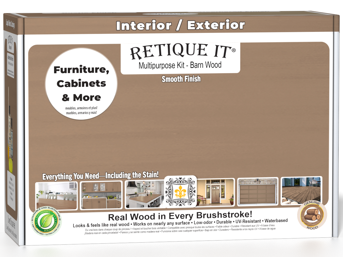 Retique It® Multi-purpose Smooth Finish Kit in barn wood for exterior top coat, featuring matte wood finish and application tools.