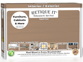 Retique It® Multi-purpose Smooth Finish Kit in barn wood for exterior top coat, featuring matte wood finish and application tools.