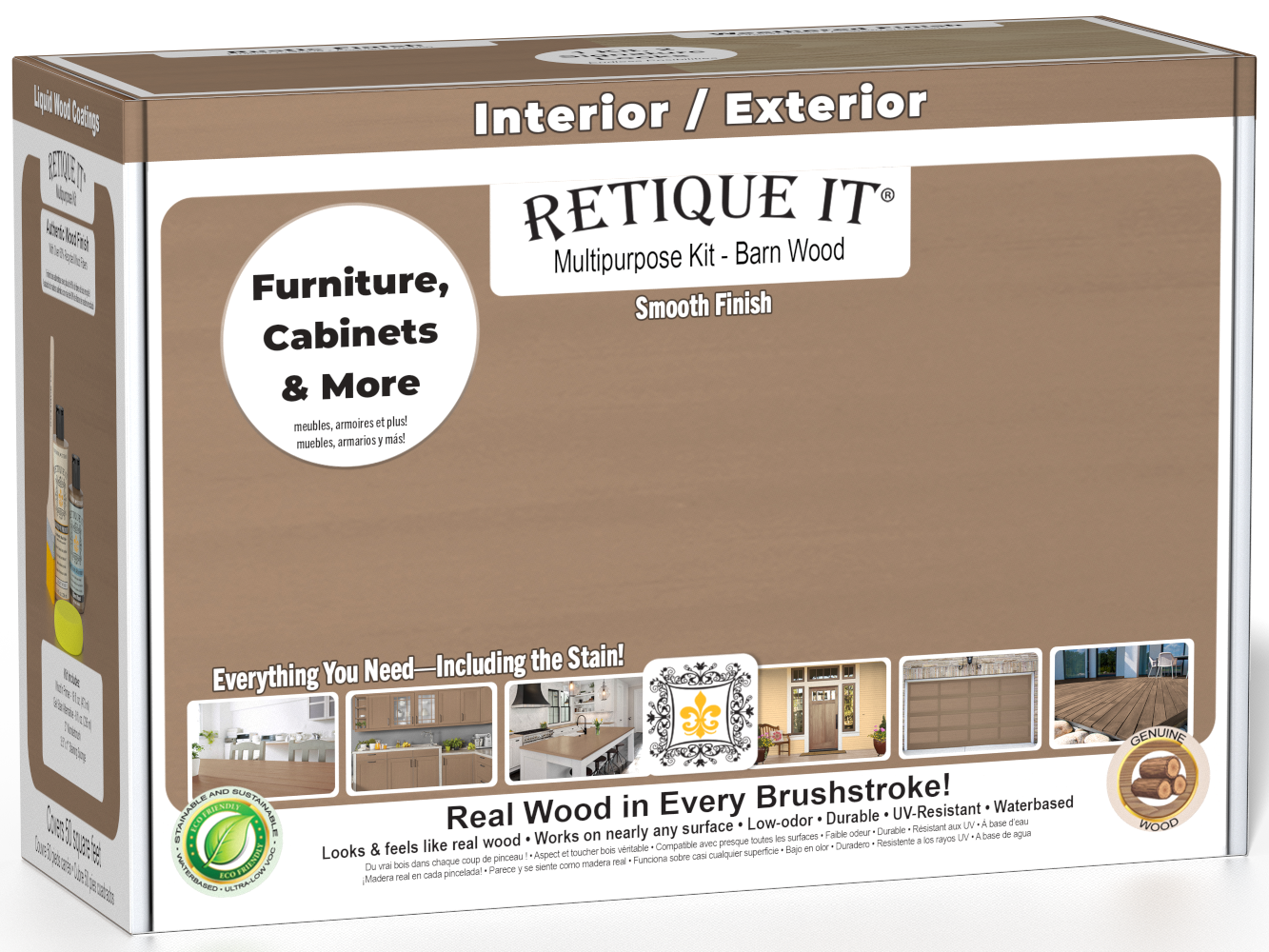 Retique It® Wood'n Finish Kit in barn wood with smooth matte exterior top coat, showing the kit box and application tools.