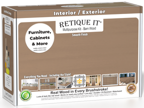 Retique It® Wood'n Finish Kit in barn wood with smooth matte exterior top coat, showing the kit box and application tools.