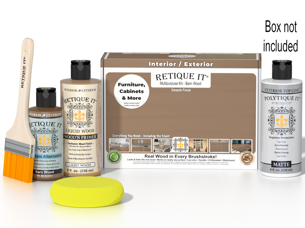 Retique It® Multi-purpose Smooth Finish Kit in barn wood for exterior top coat, includes wood finish and application tools.