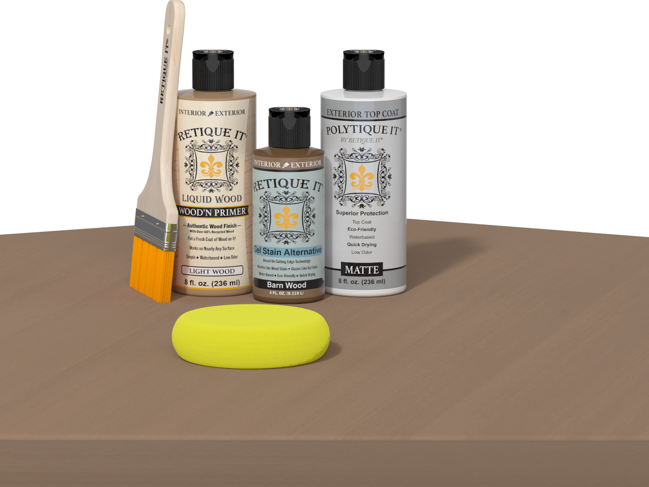 Retique It® Wood'n Finish Kit in Barn Wood with satin top coat for exterior wood projects, featuring smooth finish and multi-purpose design.