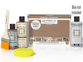 Retique It® Multi-purpose Smooth Finish Kit in barn wood, exterior top coat, satin finish, with wood stain and applicator tools in the box.